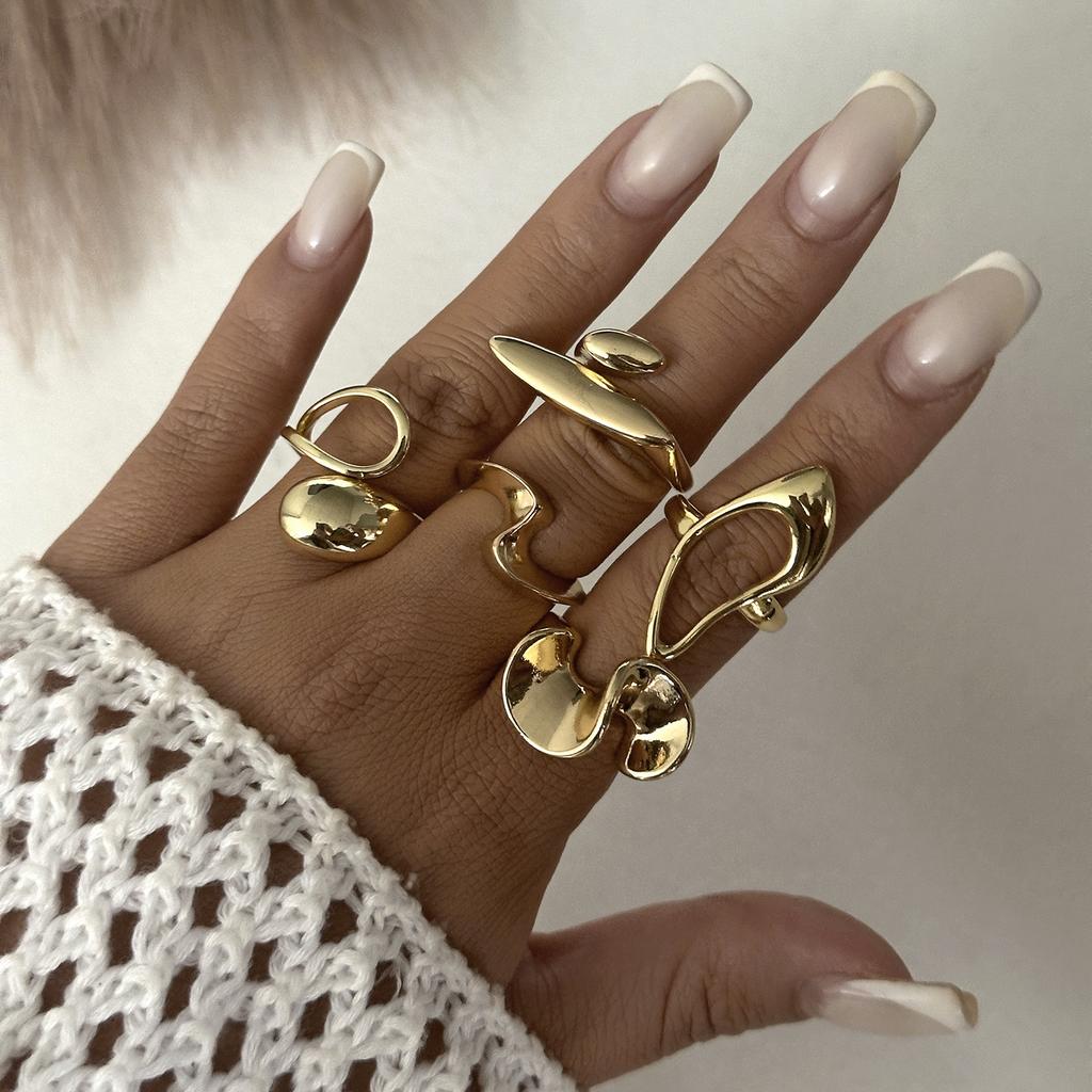 Exaggerated Gold Color Geometric Rings Set For Women Rhinestone Flower Heart Trendy Imitation Pearl Steam Punk Personality Gifts