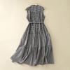 2025 Summer New Retro Cotton and Linen Sleeveless Dress, Lace-up Size Grid Medium and Long Splicing A-shaped Skirt