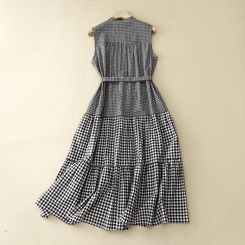 2025 Summer New Retro Cotton and Linen Sleeveless Dress, Lace-up Size Grid Medium and Long Splicing A-shaped Skirt