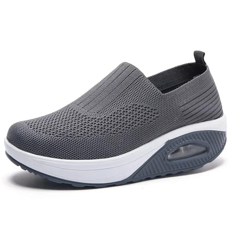 Women Knitted Mesh Sneakers Breathable Casual Sport Shoes Wedge Platform Rocking Shoes Increasing Ladies Vulcanized Shoes2025