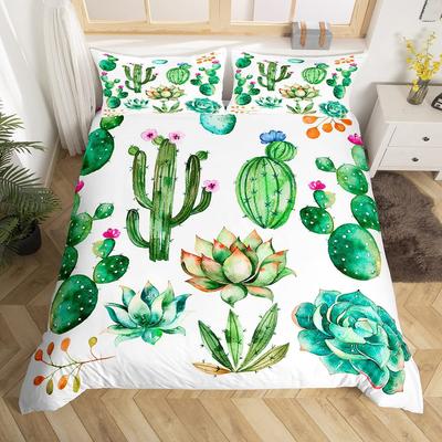 Heller Kaktus Bettbezug Set Full Queen Für Mädchen Jungen Grüne Pflanzen Sukkulenten Bettwäscheset Natur Kunst Weich Schick Bettdeckenbezug