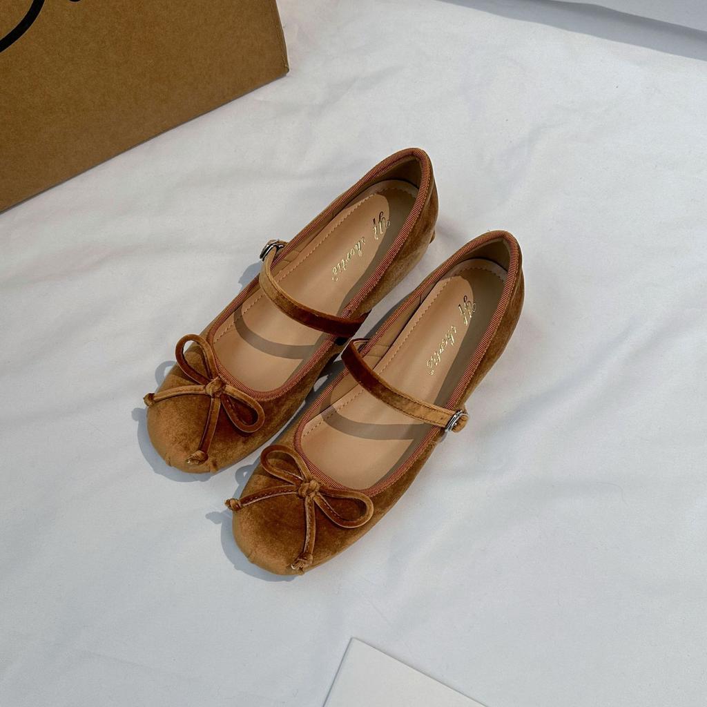 Height Increase 5CM Bow Word with Shallow Mouth Single Shoes Women's 2025 New Sweet Pleated Round Head Suede Ballet Shoes