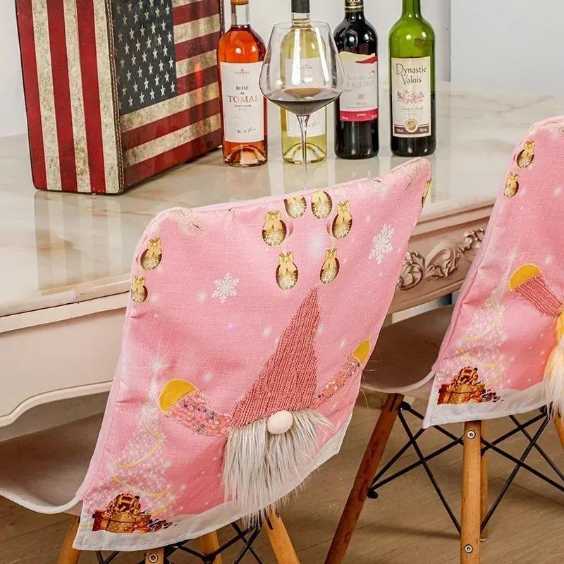 1-4PCS Christmas Gnome Chair Cover with Lights Pink Holiday Seat Slipcover for Dining Table Decor Home Party Gift Accessory