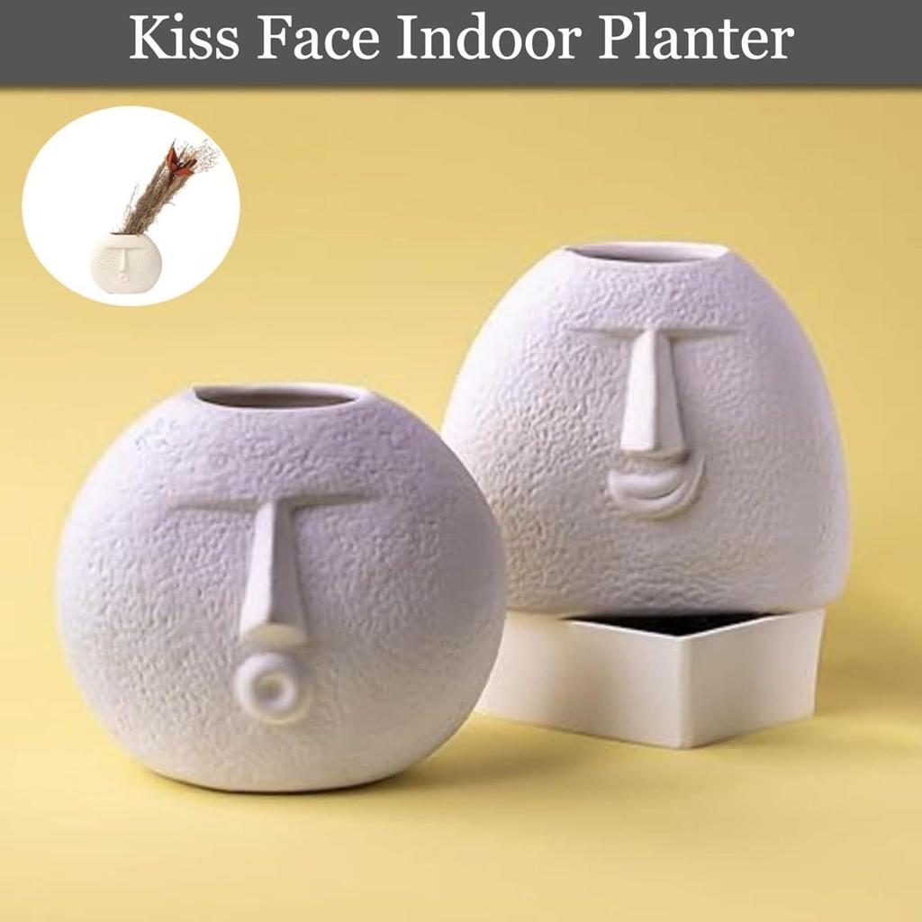 Ceramic White 'Kiss Face Vase' | Vases for Home Decor Decorative Vase for Dried Flowers and Pampas Grass - Set of 2