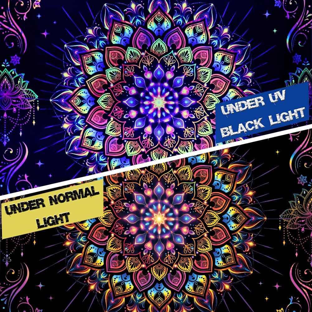 Amtoodopin Blacklight Mandala Tapestry UV Reactive Psychedelic Neon Tapestry Hippie Indian Bohemian Wall Tapestries Aesthetic Floral Tapestries Wall