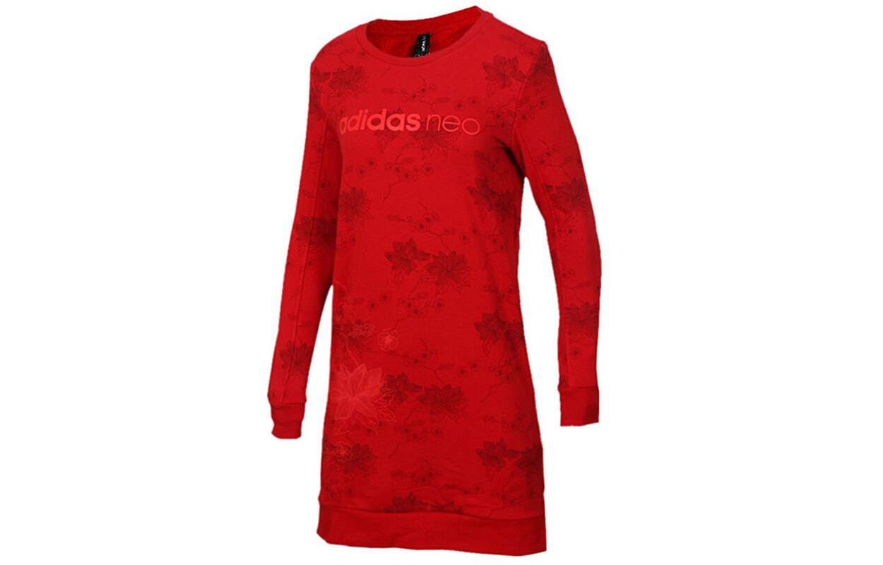 Adidas Neo Long Sleeved Dresses Women s Red Crew Neck Moderate Short DZ7608 L