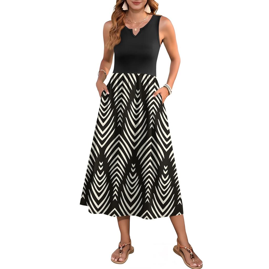 Women's Floral Print High Waist Fashionable And Elegant Sleeveless Dress