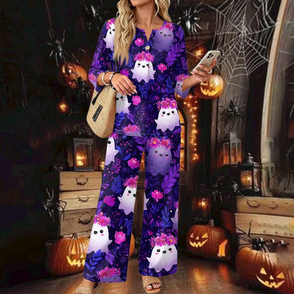 Women's Casual 2 Piece Outfit Set Printed 3/4 Sleeve Button Down Top Wide Leg Pants Wear