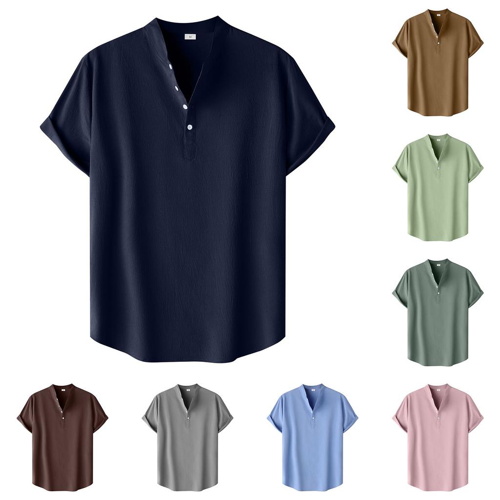 Cămașă de vară casual pentru bărbați, din bumbac și in, culoare uni, cu mânecă scurtă și guler înalt