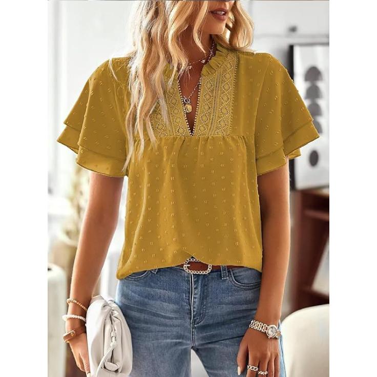 Elegant Resort-Style Deep V Lace Short-Sleeve Women's Blouse 2026 Spring/Summer