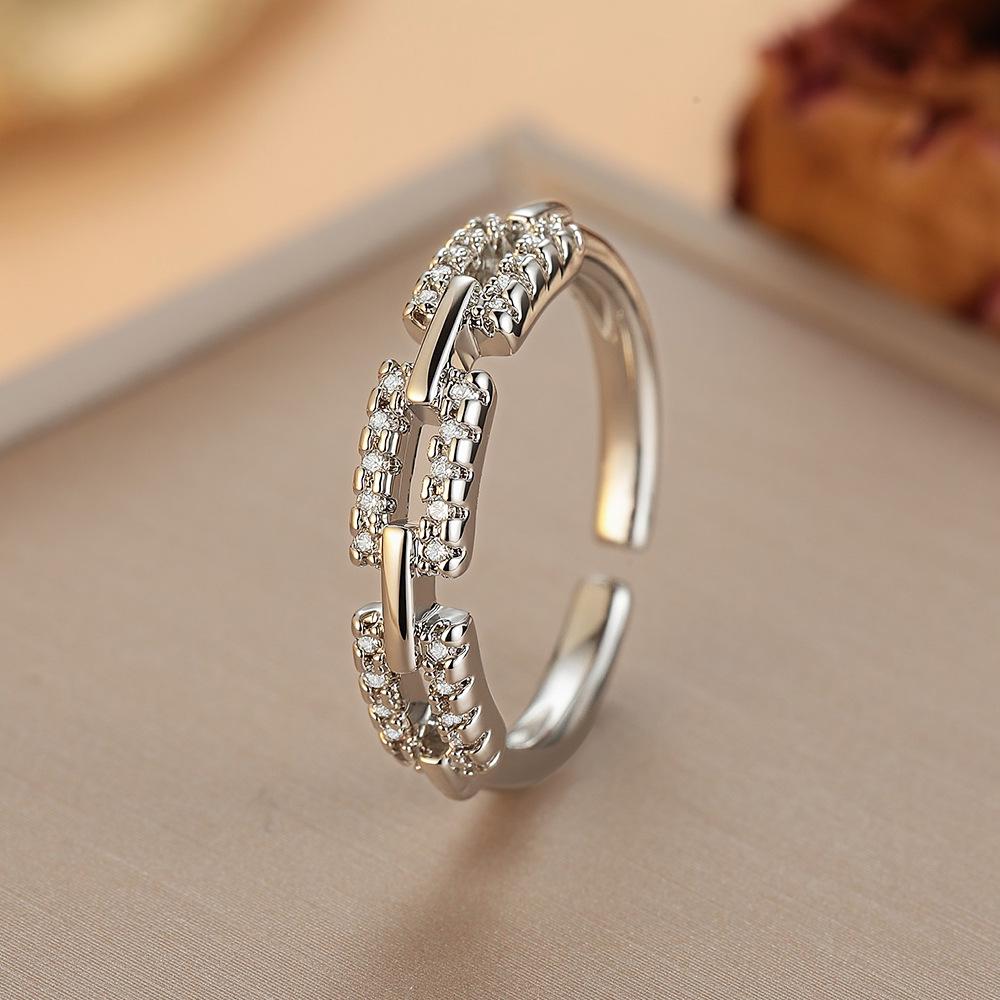 Korean Style Luxury Zircon Chain Adjustable Open Ring for Women