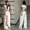 Zomer Dames Wit Roze Graffiti Letterprint Sneldrogende Broek Y2K Streetwear Elastische Taille Trekkoord Sportbroek