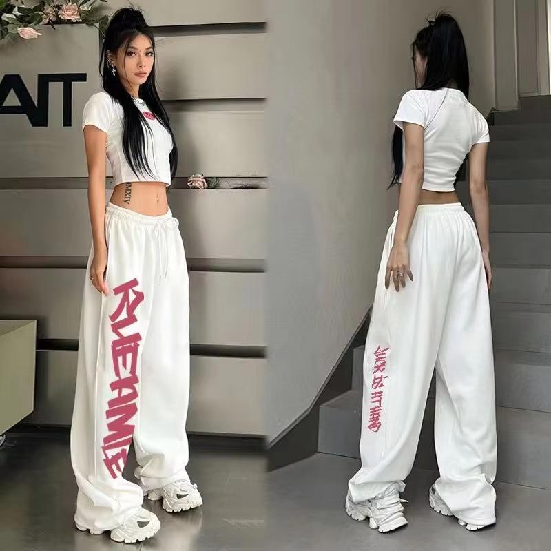 Summer Women White Pink Graffiti Letter Print Quick Dry Pants Y2K Streetwear Elastic Waist Drawstring Sport Trousers S