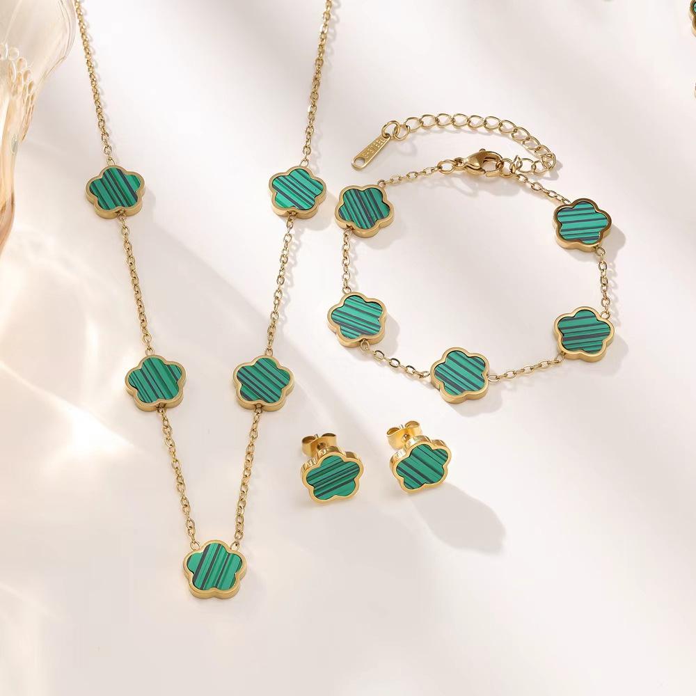 18K Gold Luxury Titanium Steel Shell Flower Jewelry Set: Bracelet, Necklace & Stud Earrings for Women