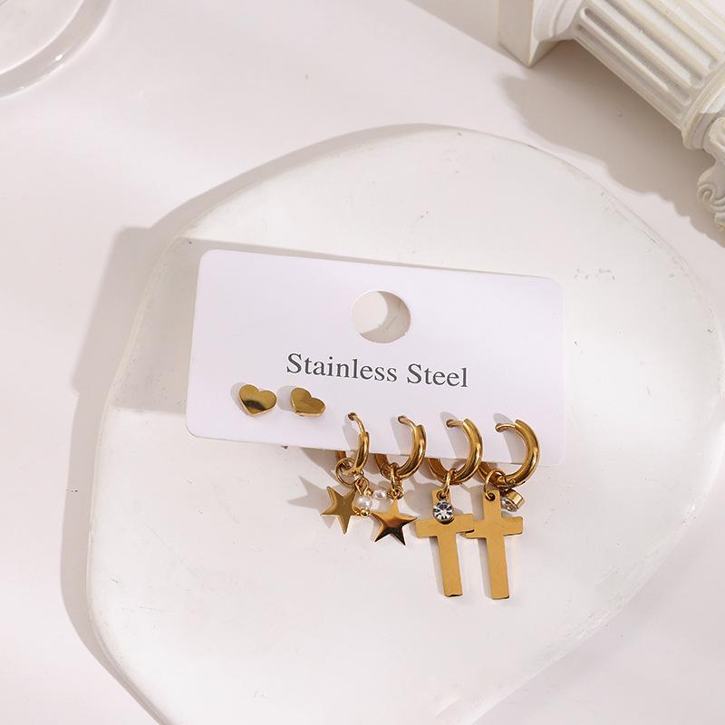 Stainless Steel Stud Earrings Set with Zirconia: Butterfly, Star, Heart & Four-Leaf Clover Designs
