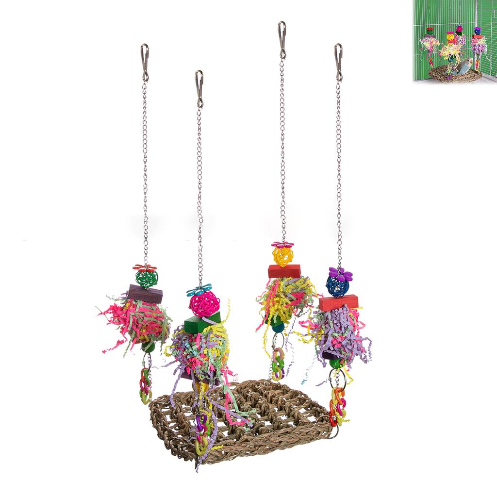 Bird Cockatiel Toys Foraging Swing Mat Rattan Small Bird Hanging Swing Foraging Toy for Birds Shredding Seagrass