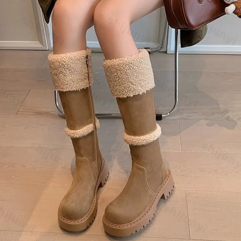 Thickened Lamb Wool Long Tube Snow Boots for Women New 2025 Autumn Winter Anti-slip Fleece-lined Cotton Shoes Knee High Boots
