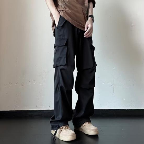 Men Cargo Pants Mid-rise Drawstring Multi Pockets Design Leisure Trousers Solid Color Wide Leg Outdoor Camping Pants Plus Size
