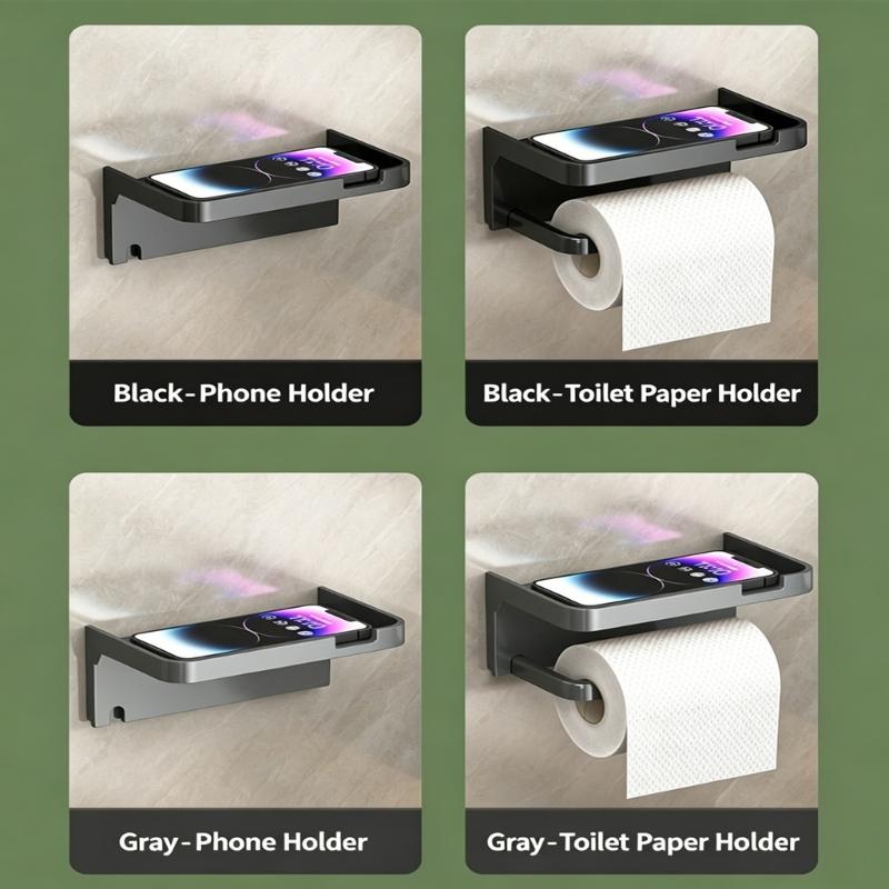 Contemporary Bathroom Shelf with Integrated Phone Tray and Paper Roll Holder Plastic Design Suitable for Washroom