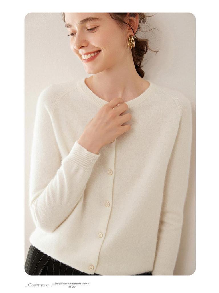 Women's Loose Fit Cashmere Raglan Cardigan – Round Neck, Long Sleeve, Solid Color
