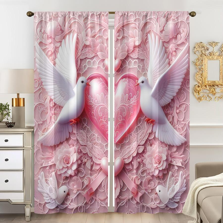 

Set Of 2 Pink Dove Carving Love Curtains Lace Romantic Valentine Day Bedroom Living Room Pull Up Pocket Style Curtain Polyester Ideal For W100*H70(CM)-Rod Pocket&2PCS