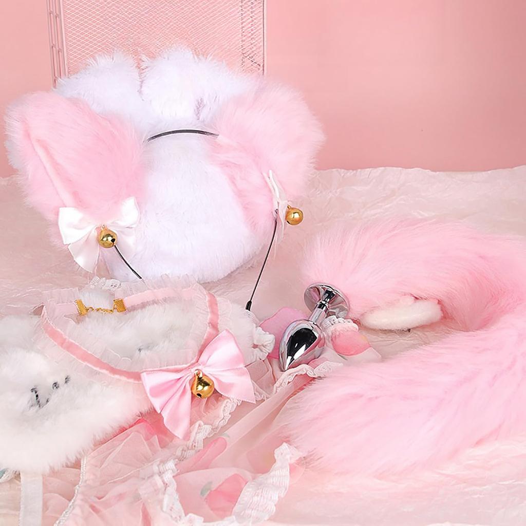 Orirya Anal Plug Tail Nipple Clip with Bell Cat Ears Headband Ribbon Choker Maid Costume Gag Anal Plug Cat Tail Cosplay Adult Toys for Women Adult