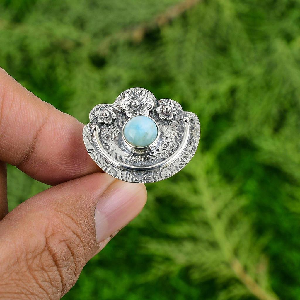 Natural Larimar Gemstone Statement Flower Adjustable Ring 925 Silver For Women