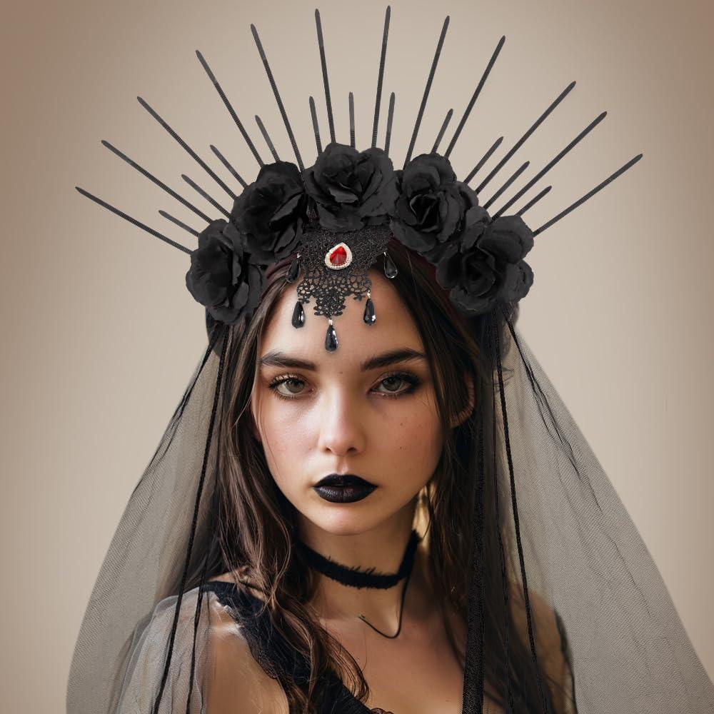 Halloween Party Queen Flower Hairhoop Retro Mesh Halloween Headband Rhinestone Gothic Veil Rose Long Bride Hairband Haunted