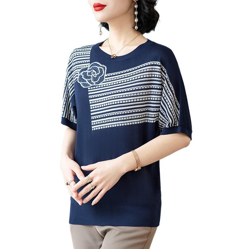 Mom's Ice Silk Summer Knit Short-Sleeve Top for Middle-Aged and Elderly Women