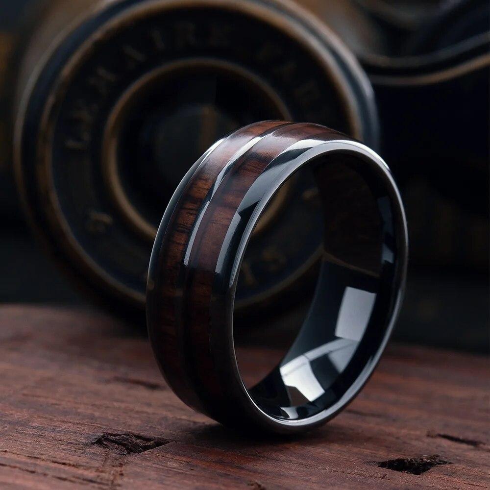 Luxus Herren 8mm Koa Holz Inlay Titan Ehering für Männer Frauen Kuppel poliert Edelstahl Verlobungsring Männer Ehering