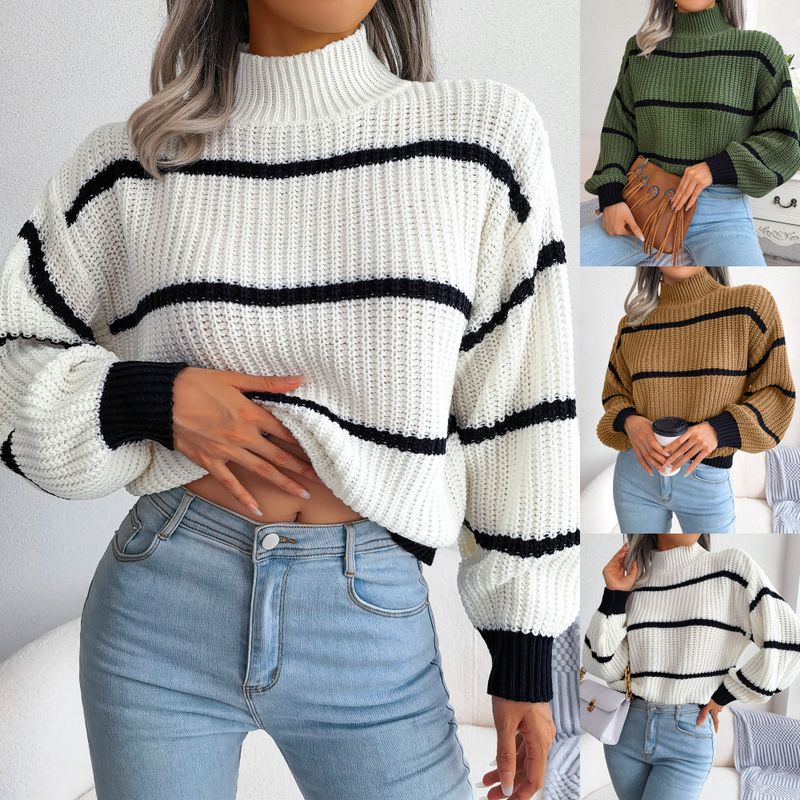 

2024 Casual Striped Lantern Sleeve Half Knitted Sweater Khaki S