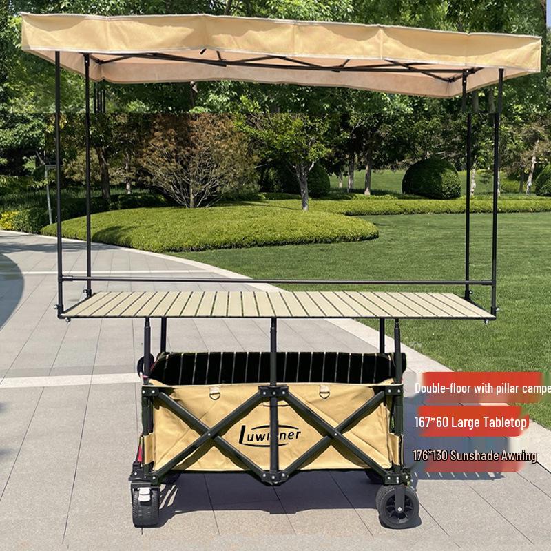 Adjustable Folding Handcart with Umbrella, Elevated Canopy & Table Top for Street Stalls or Camping.