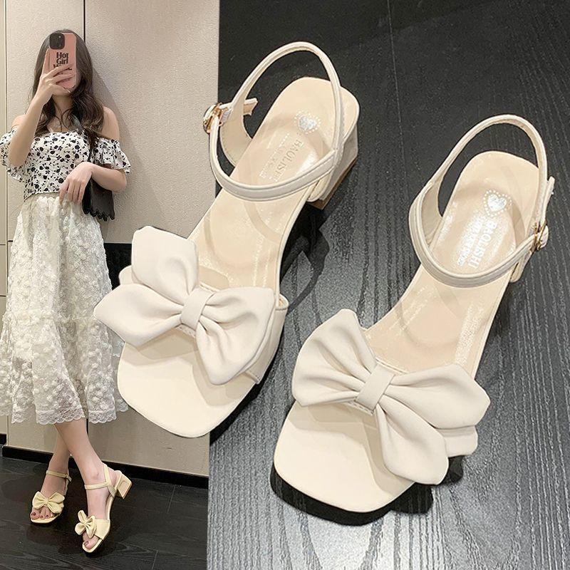 Medium heel beautiful temperament fashion women's shoes new French bow sandals women's summer exquisite high sense