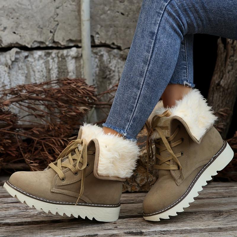 Women's Fleece-Lined Winter Boots with Plush Collar - Lace-Up Round Toe Flat Sole Ankle Bootie
