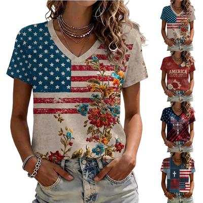 Women’s Casual V Neck Short Sleeve Pullover T Shirt with Independence Day Inspired Print and Floral Pattern for Summer Wear
