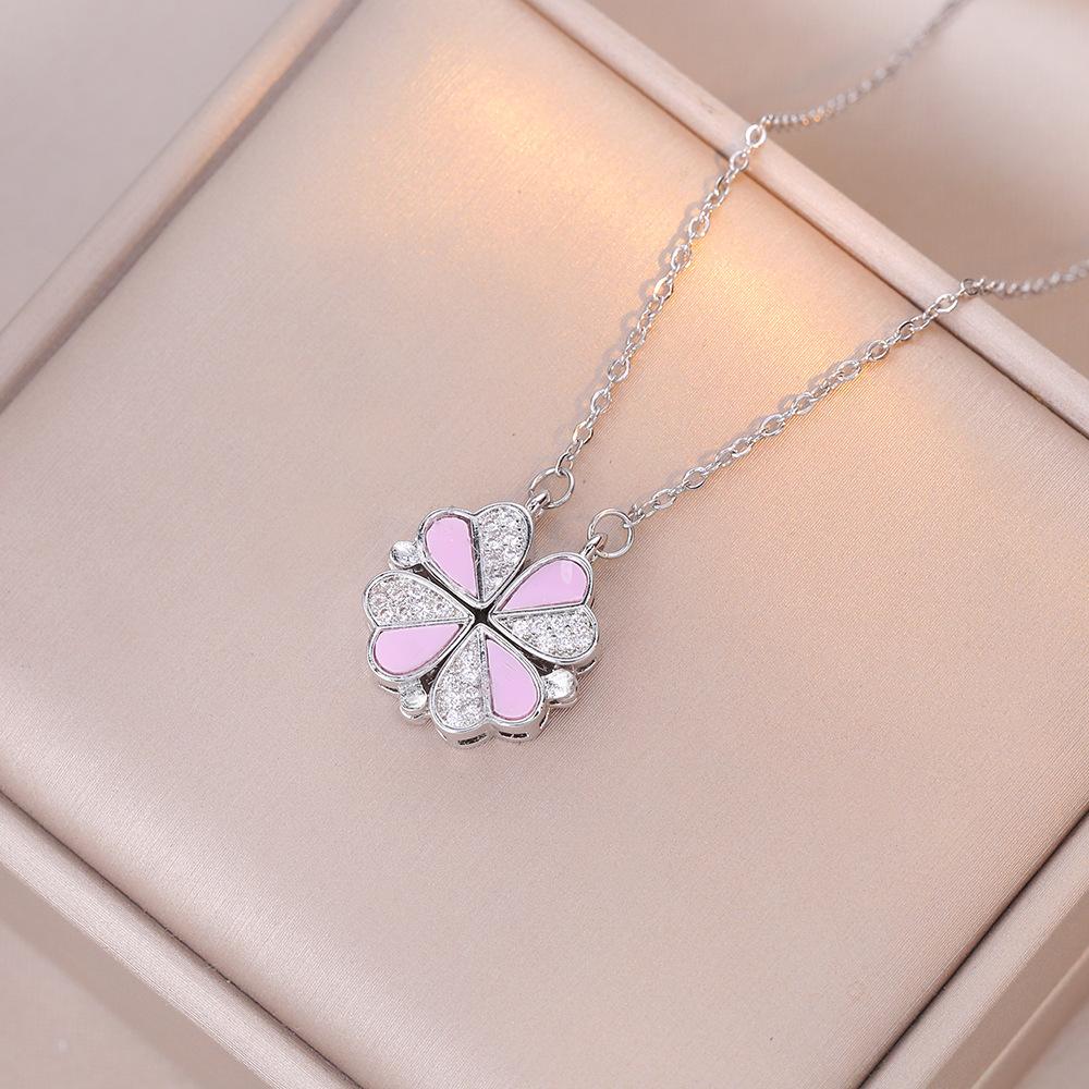 Women's Japanese Korean Folding Fashion Two-Wearing Four-Leaf Flower Heart-to-Heart Clavicle Necklace Zircon Copper Water-Wave