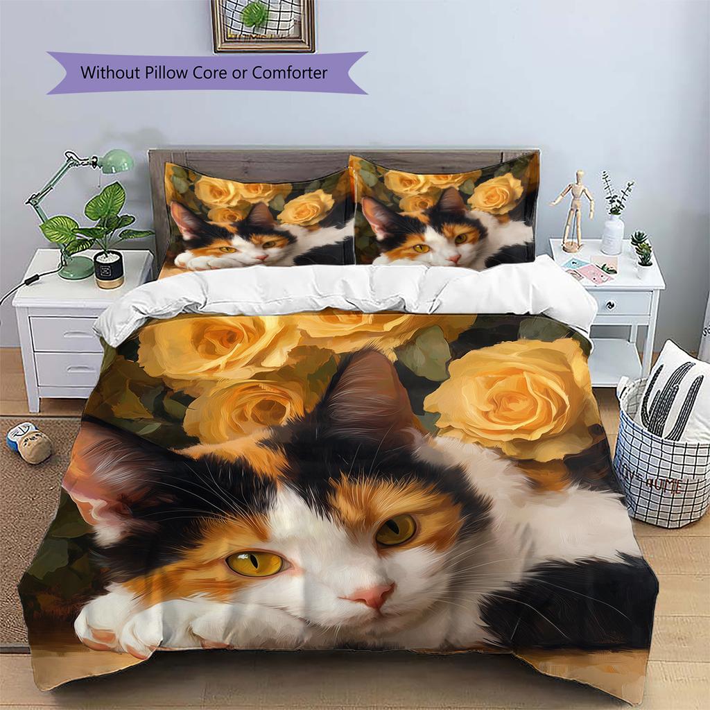 Calico Cat and Fresh Flowers Pattern Bedding Home Decoration Birthday Gift (1 * Duvet Cover + 2 * Pillowcase, Without Core)