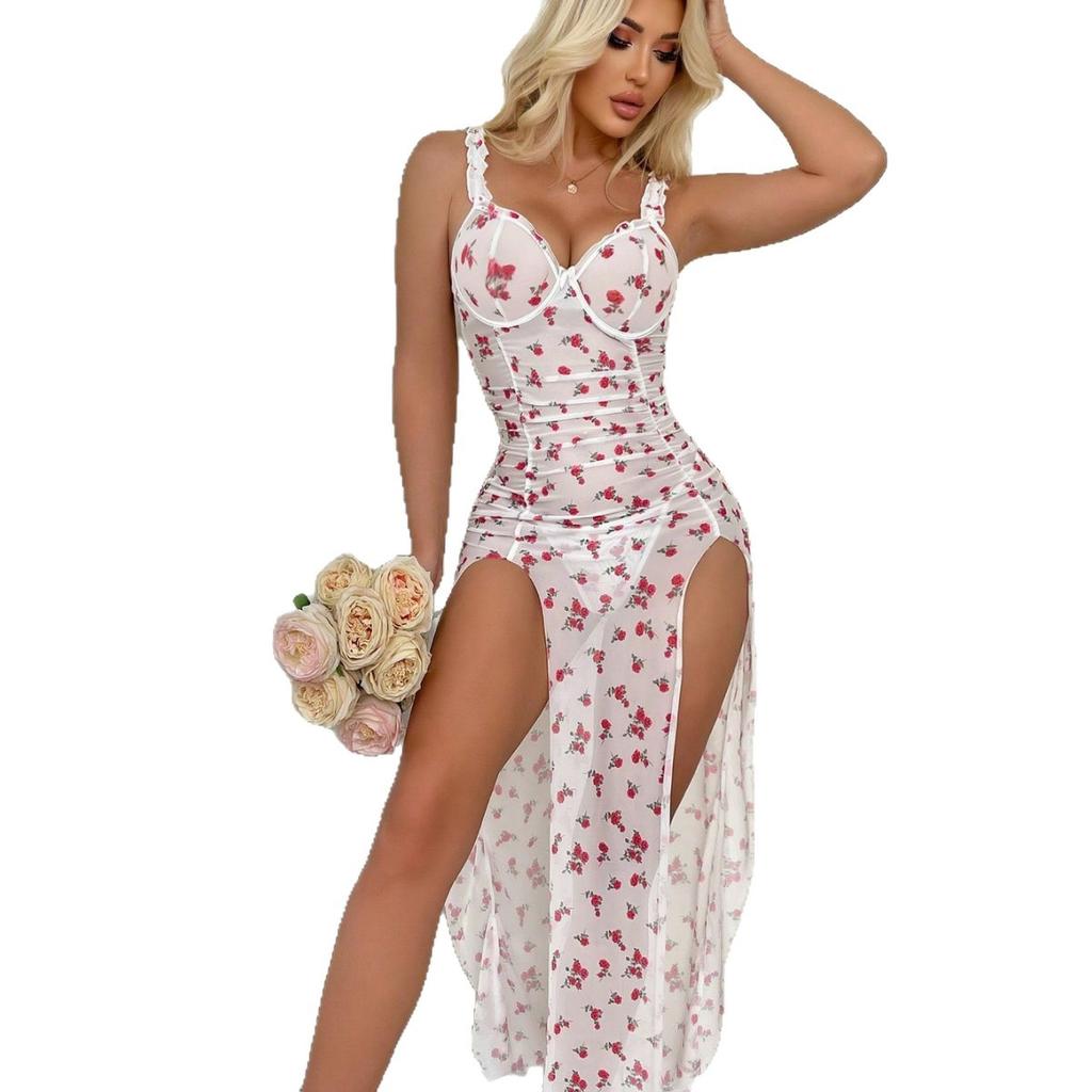 European and American large-size sex underwear gathers to print slit skirt thong temptation pajama skirt