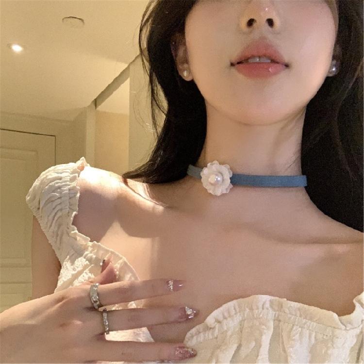 Collier Choker Fleur en Tissu Denim pour Femmes Chaîne à Maillons Bijoux de Cou Clavicule