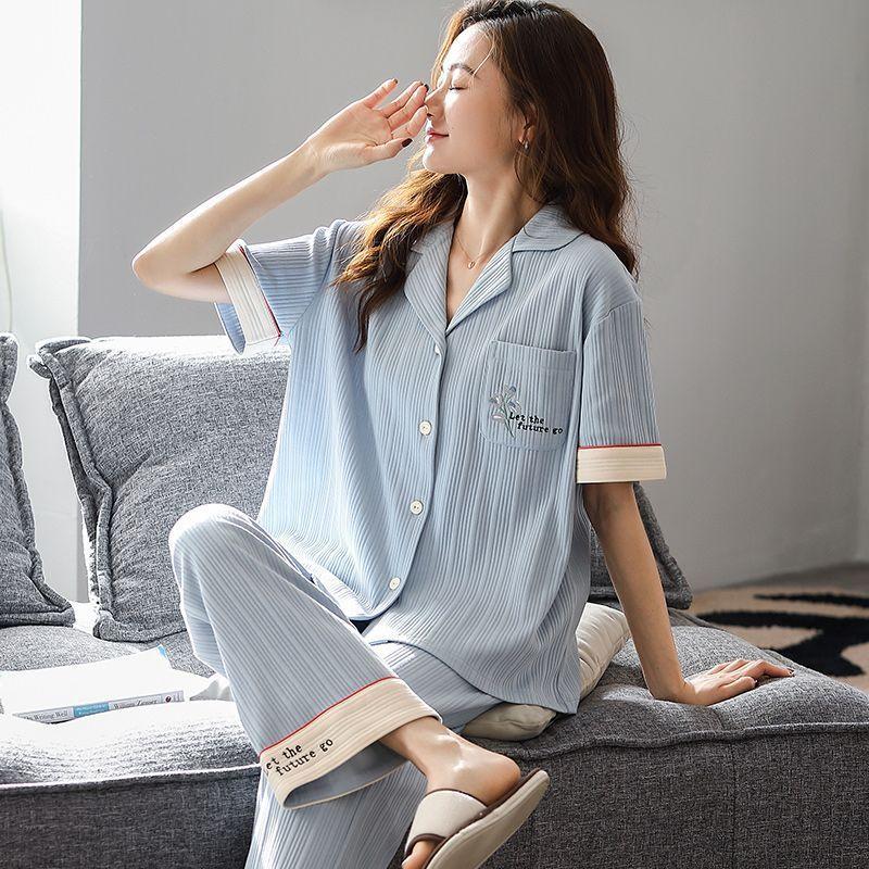 Pajamas Women's Summer Cotton Short Sleeves Trousers Loungewear Thin Middle-aged Mom Loose Plus Size Set