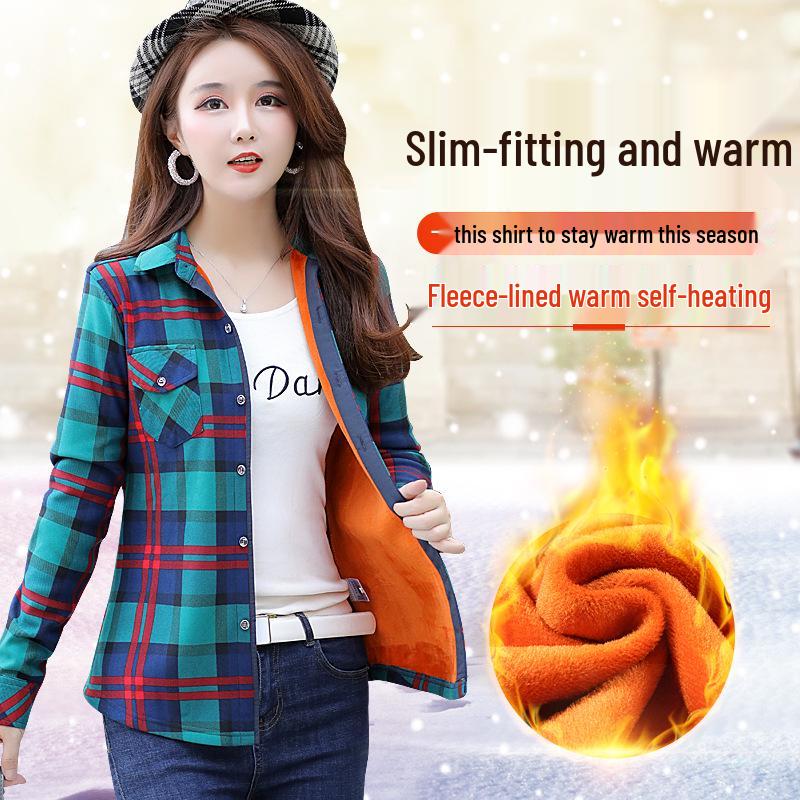 Women's Fleece-Lined Plaid Shirt, Long Sleeve, Warm, Slim Fit, Plus Size, Korean Style for Autumn and Winter.