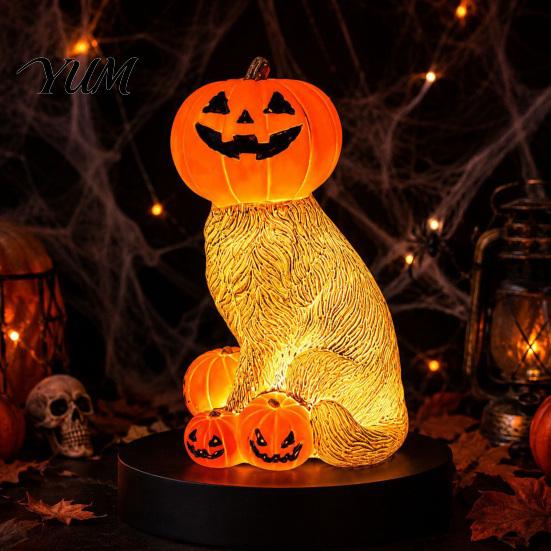 Small Desktop Atmosphere Light Lighted Pumpkin Cat Figurine, Spooky Halloween Tabletop Resin Sculpture, Party Table Centerpiece Autumn Fall