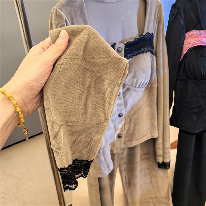 Sea Island Baumwolle Damen Pyjama Set - Herbst/Winter Französischer Stil mit Brustpolster, Dünner Fleece Hausbekleidung