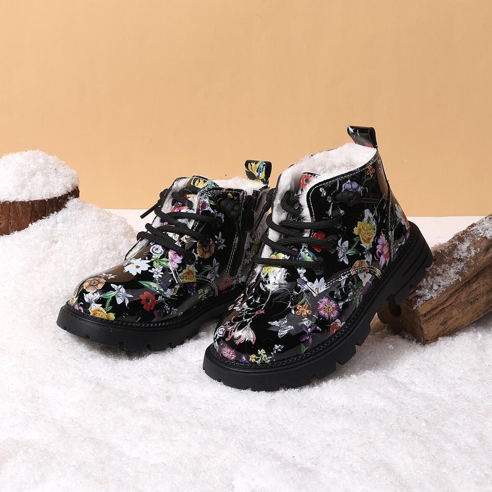 Winter Children Snow Boots For Girls Leather Flower Warm Plush Toddler Kids Shoes Non-slip Cotton Kids Boots