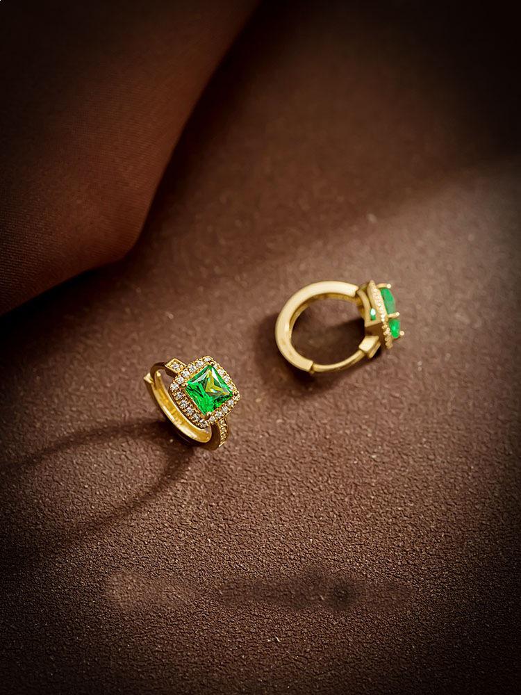 18K Gold-Plated S925 Sterling Silver Ear Cuffs with Green Square Zirconia - Luxury Retro Earrings for Women 18K Gold Pair