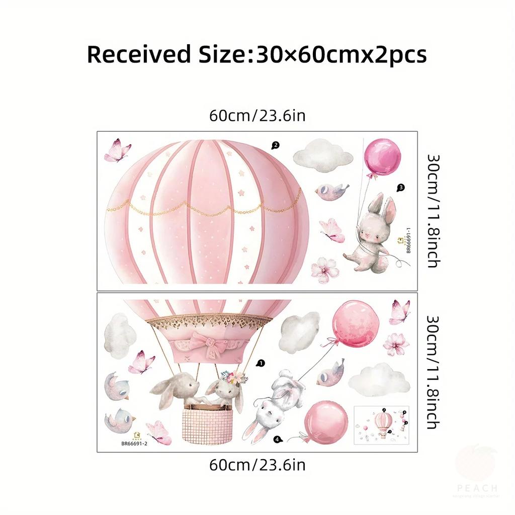 2pcs Cartoon Cute Rabbit Pink Balloon Clouds Wall Stickers forRoom Decor Living Room Nursery Wall Decoration