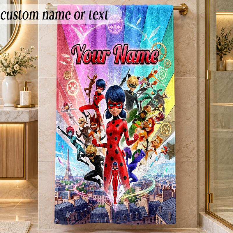 Strandtuch Miraculous Ladybug Benutzerdefinierter Name Text Personalisierbares Weiches Handtuch für Strand Pool Innen Hausdekoration Geschenk