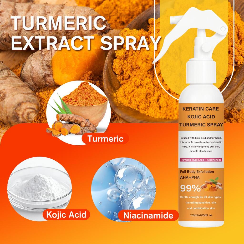 KERATIN CARE KOJIC ACID TURMERIC SPRAY-Exfoliate And Cleanse The Skin-Brighthen Dull Skin-Gentle Enough For All Skin Types, 120ml