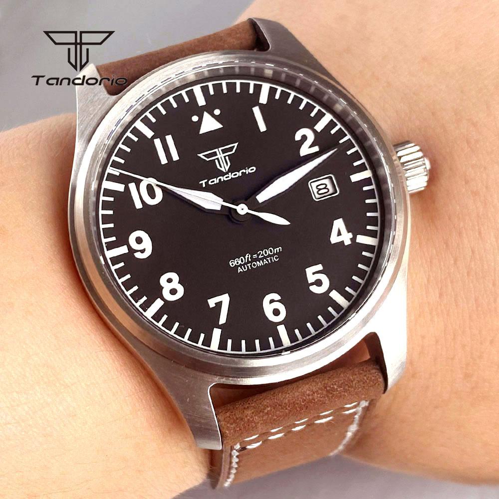 Tandorio 39mm Pilot Men's Diving Automatic Watch AR Sapphire Miyota8215/PT5000 Movt Mechanical Steel Wristwatch 20BAR Green Lume