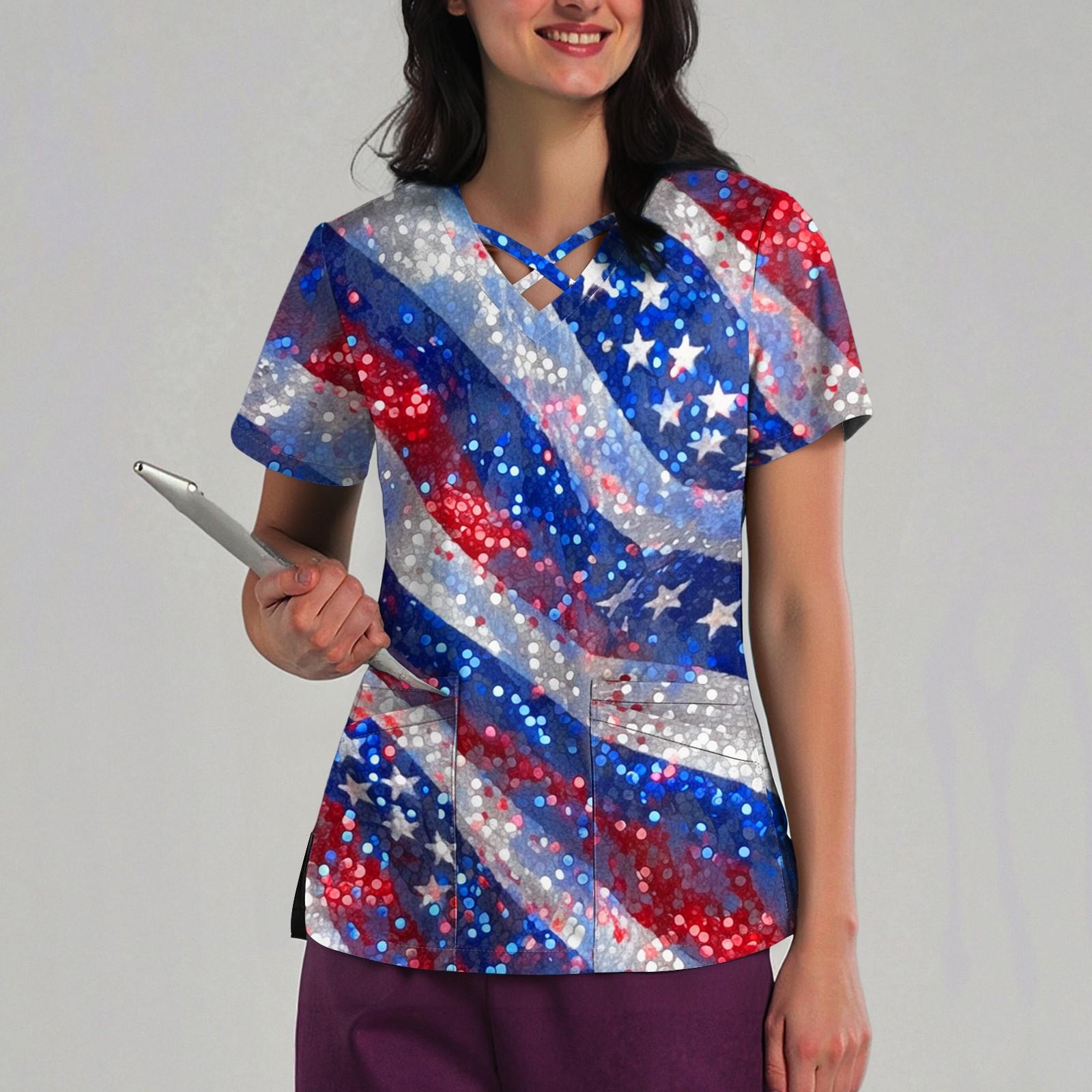 Women s Loose Independence Day Printed Top Short Sleeve T-shirt Pullover L